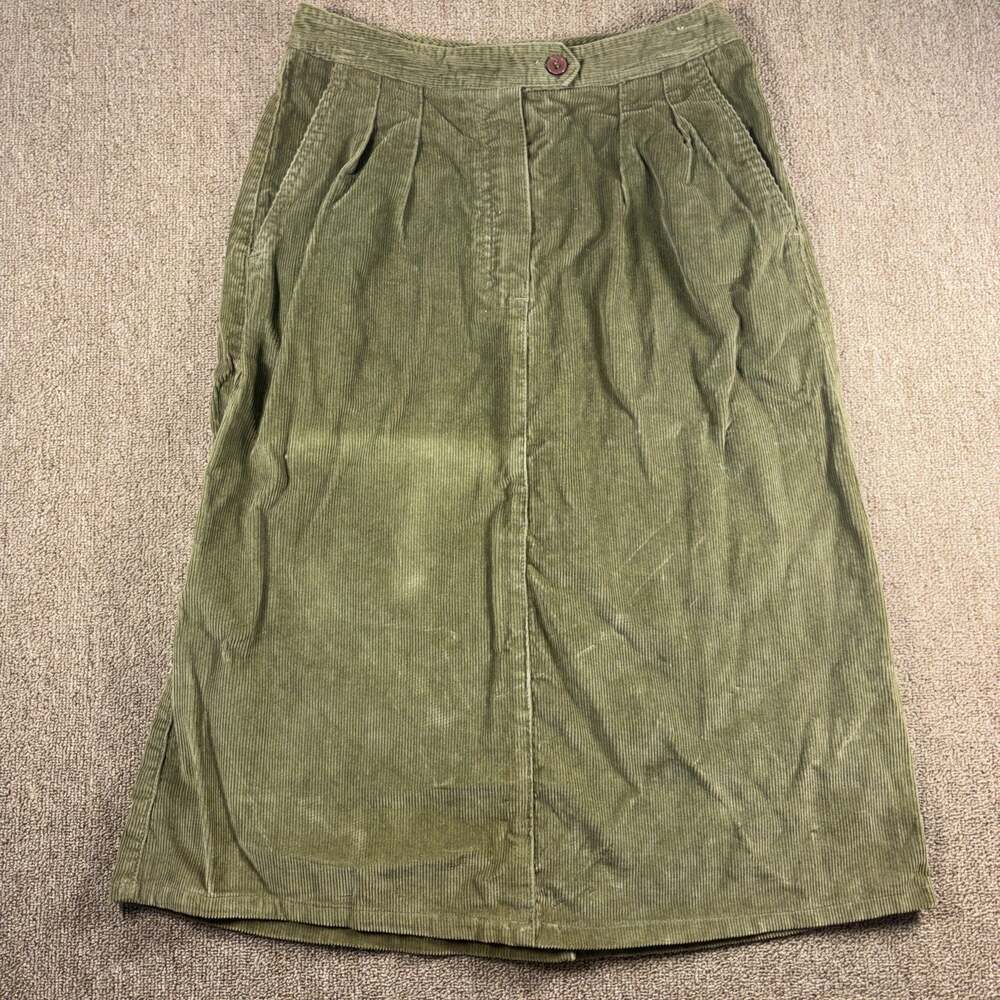 Vintage Gemini Olive Green Corduroy Midi Skirt Pleated Pockets Size 13/14